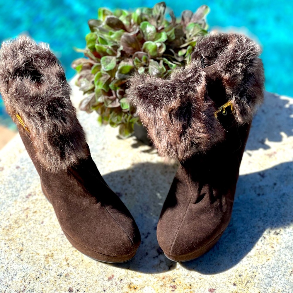 Brown Faux Fur Wedge Heels